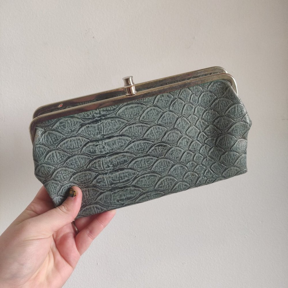 Grey Blue Faux Reptile Leather Wallet Clutch